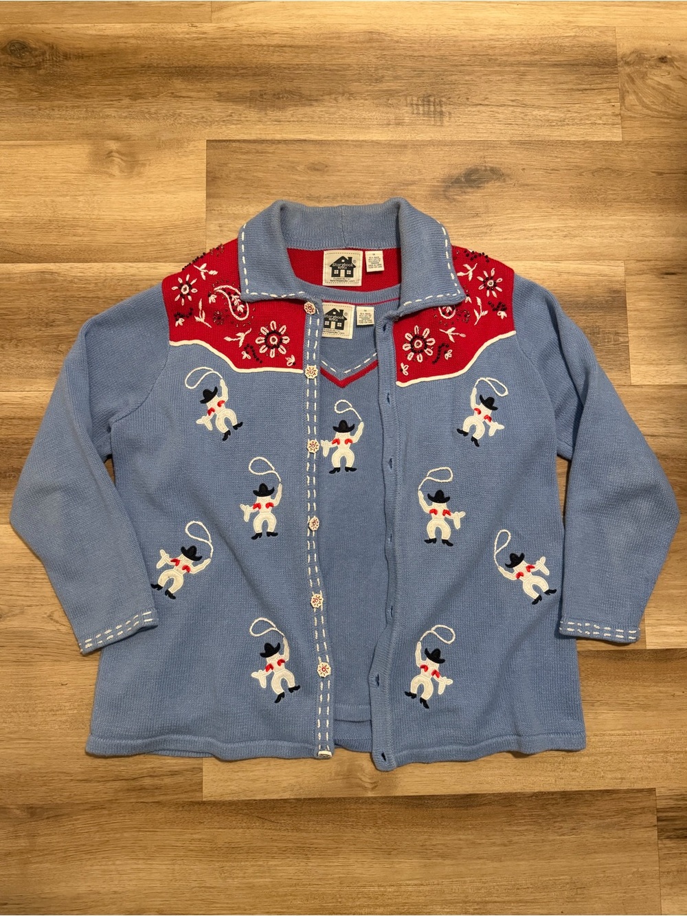 Storybook Knits Blue and Red Cowgirl Rodeo Button Sweater & Matching sweater 1X